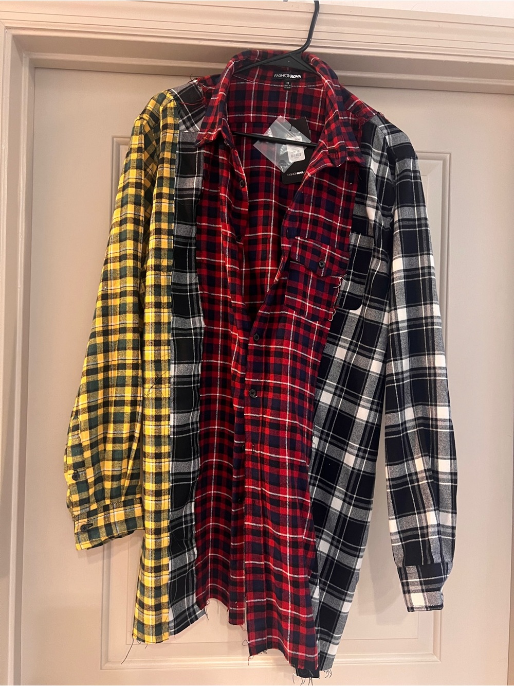 Fashion Nova Three-Tone Plaid Distressed Flannel Shirt - Red/Black/Yellow